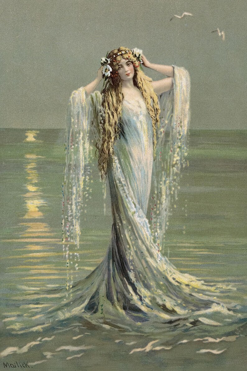 May include: A woman with long blonde hair wearing a white gown with a floral crown stands in the ocean with her arms raised. The water is a light blue-green colour and the sky is a light grey. The woman's gown is flowing in the water and her hair is blowing in the wind.