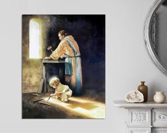 Destiny Young Baby Jesus as a Child Works in Josephs Carpenter Shop Jesus Christ Art Baby Boy Jesus Christian Catholic, CANVAS Ready to Hang