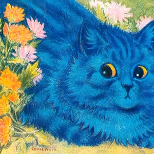 May include: A blue cat with yellow eyes sits in a field of orange and pink flowers. The cat is looking directly at the viewer. The artist's signature, "Louis Wain", is visible in the bottom right corner.
