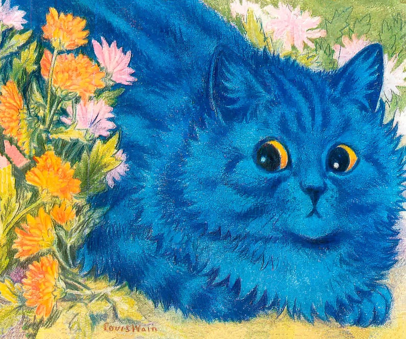 May include: A blue cat with yellow eyes sits in a field of orange and pink flowers. The cat is looking directly at the viewer. The artist's signature, "Louis Wain", is visible in the bottom right corner.