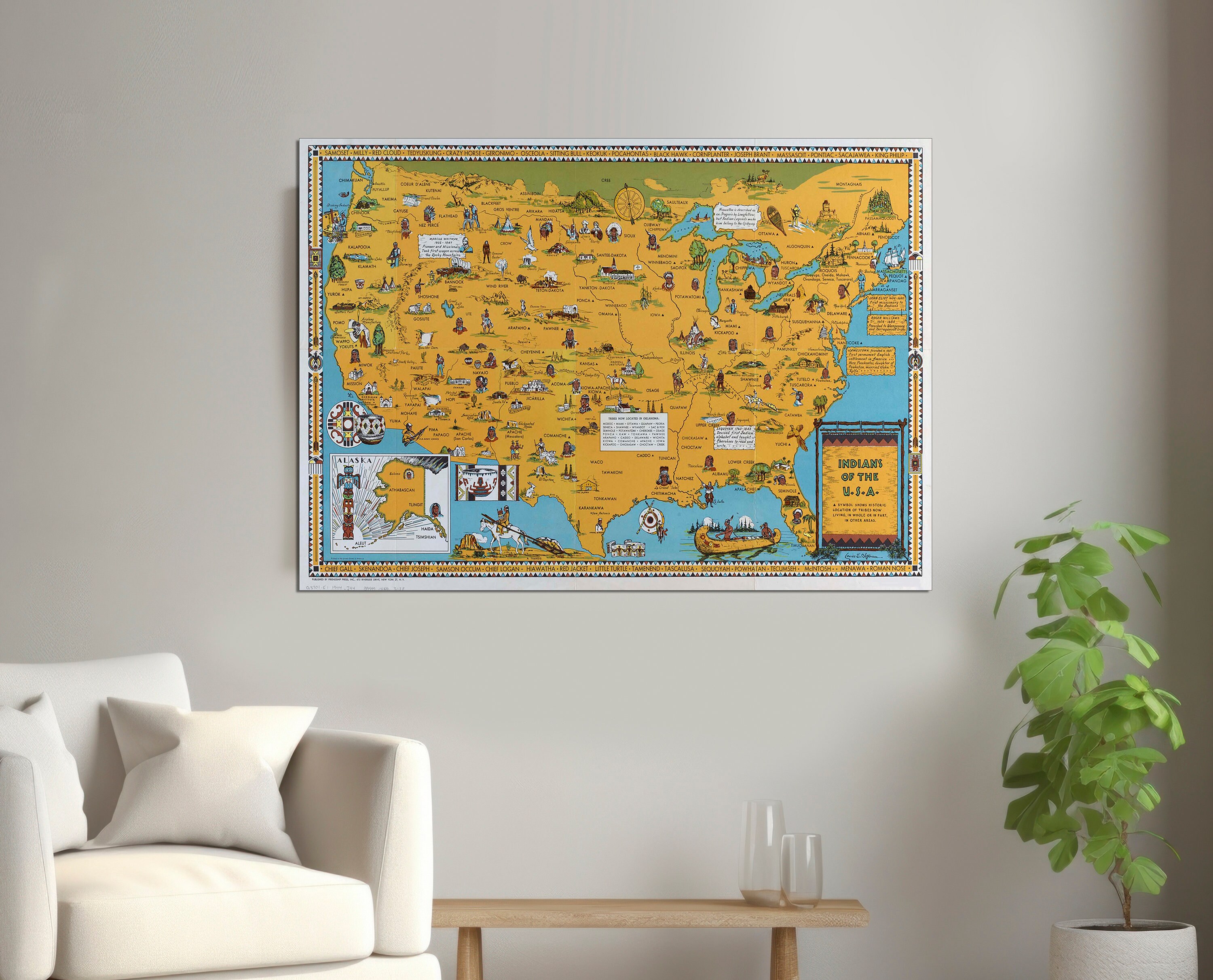 Vintage Native American Tribes Map Art: USA Pictorial Canvas Print - Etsy