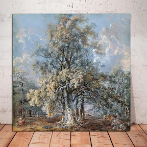 Una madre y sus hijos descansando bajo un gran árbol de haya, ciervos pastando más allá, Norbury Park, Surrey George Barret, arte en lienzo LISTO para COLGAR.