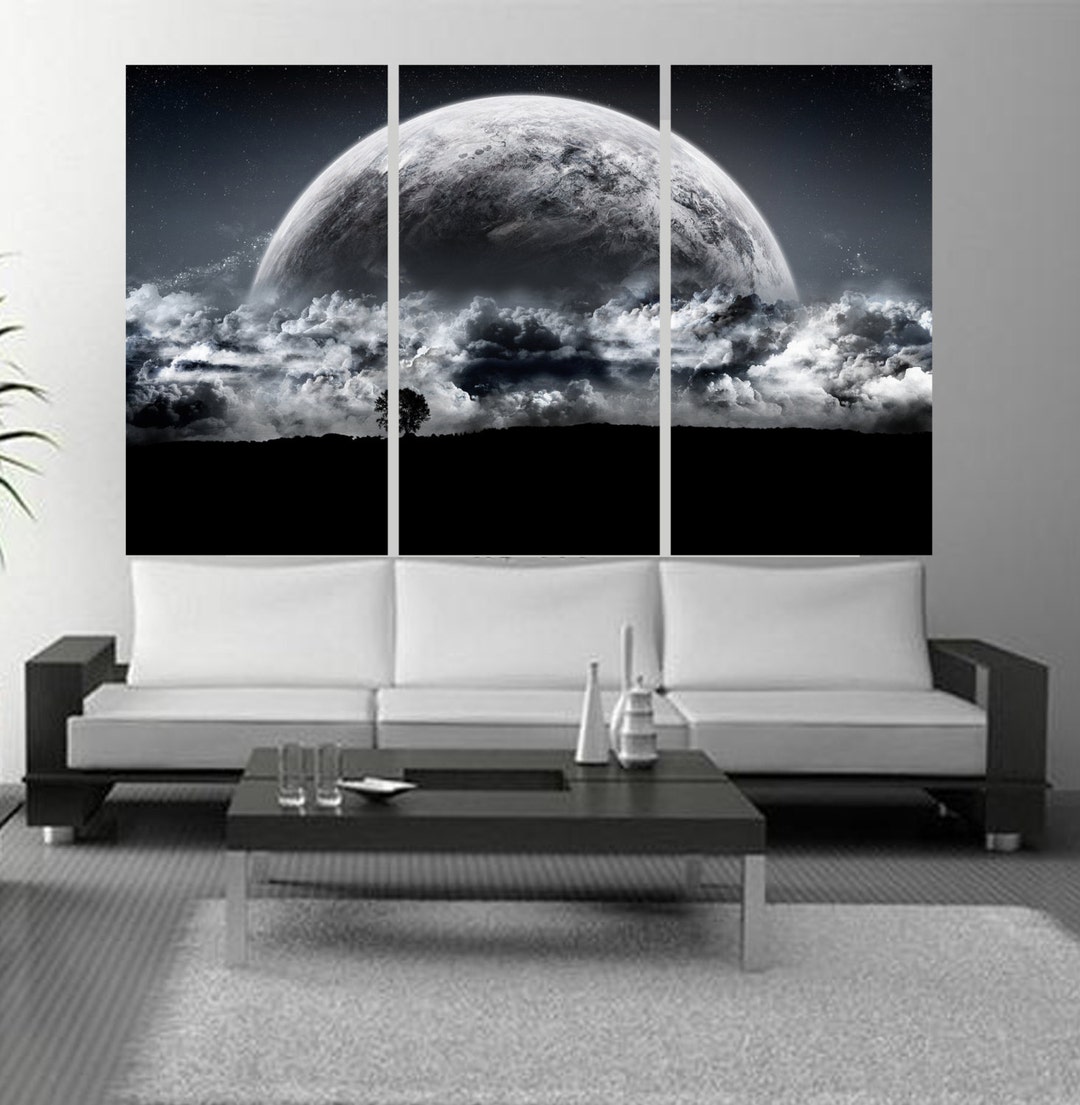 Earth & Moon Canvas Print: Black and White Triptych Wall Art - Etsy