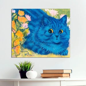 May include: A blue cat with yellow eyes sits in a field of yellow and white flowers. The cat is looking to the right of the image. The cat is painted in a realistic style.