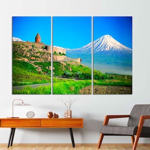 3-Panel Canvas, Mount Ararat and Khor Virap Monastery, Armenian Church Wall Art, Armenian Gift for New Home or Office CANVAS Ready to Hang.
