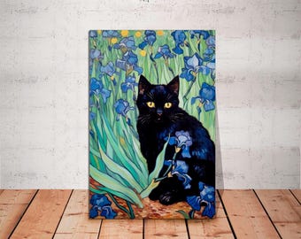 Van Gogh Cat Art Print: Irises, Funny Black Cat on Canvas