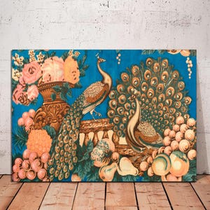 Peacocks on a balustrade with fruit and flowers, Peacock Art, Peacock Poster, Peafowl Art, Bird Decor, Nature wall art Canvas Ready to hang.