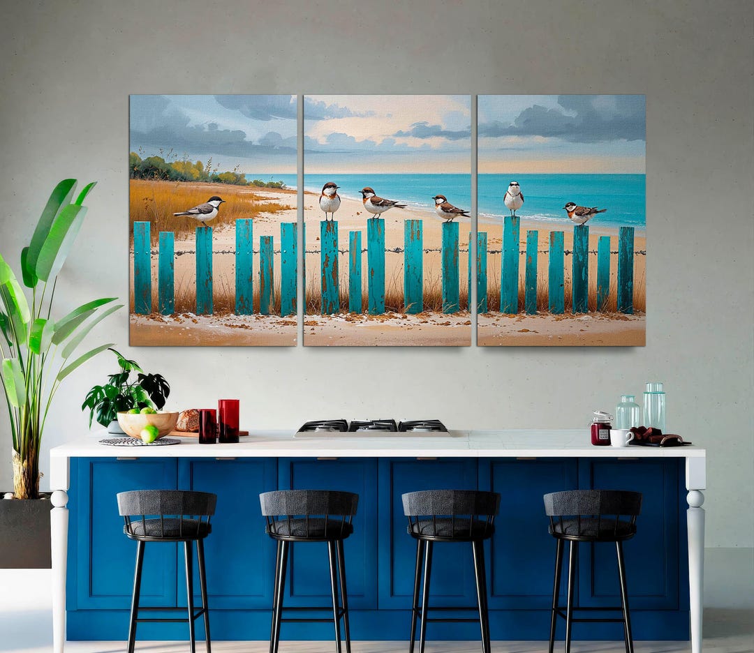 Coastal Bird Print Set: Beach Fence Canvas Wall Art, Ocean Decor - Etsy