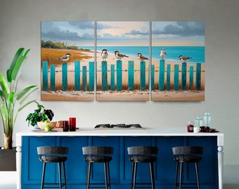 Coastal Bird Print Set: Beach Fence Canvas Wall Art, Ocean Decor
