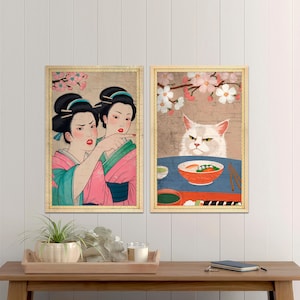 Japanese Woman Yelling at Cat Canvas Wall Art Set of 2 Funny Meme Art Unique Framed Hilarious Gift for Cat Lovers and Art Fans Ready to Hang