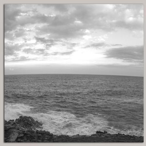May include: A black and white panoramic photograph of a rocky coastline with crashing waves and a cloudy sky.