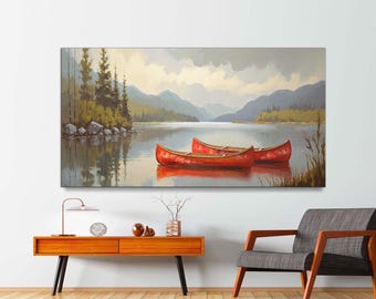 Vintage Red Canoe Canvas Print: Rustic Lake House Wall Decor