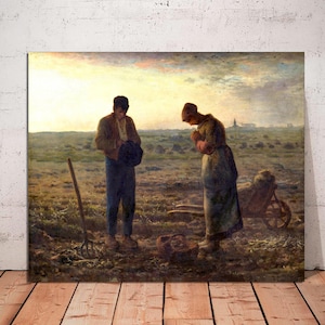 May include: A painting depicting two figures in a field, one standing and one kneeling, with a wheelbarrow in the background. The figures are dressed in simple clothing and appear to be praying. The painting is set in a rural landscape with a cloudy sky.