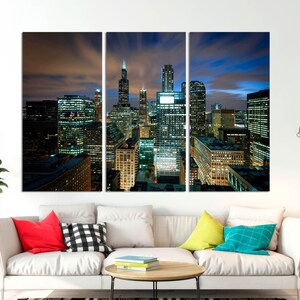 3-Panel Canvas, Chicago Skyline Large Wall Art, Chicago at Night Canvas, Downtown Chicago Print, Modern Chicago Art on CANVAS Ready to Hang.
