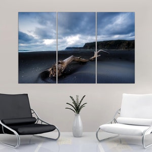 3 Panel Split /Triptych mystic beach dried tree on beach sand. Canvas Print, 1.5" deep frames,  for living room decor & interior design