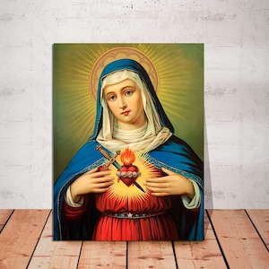 Immaculate Heart of the Virgin Mary, Mother Mary Painting, Catholic Wall Art Print, Lady of Grace Heart of Mary Vintage CANVAS Ready to Hang