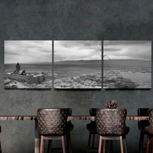 Armenia Wall Art 3-Panel Canvas Split, Mount Ararat & Khor Virap Monastery Armenian Culture Wall Art Black White Panoramic Art Ready to Hang