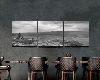 Armenia Wall Art 3-Panel Canvas Split, Mount Ararat & Khor Virap Monastery Armenian Culture Wall Art Black White Panoramic Art Ready to Hang