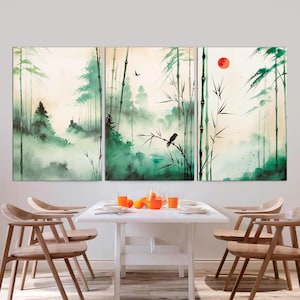 Japanese Wall Art Set of 3 Canvas Print, Japanese Art, Japandi Decor, Asian Room Decor, Minimalist Wall Art, Landscape Nature Green Wall Art