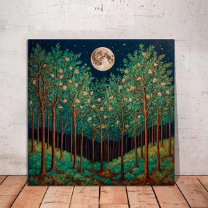 Vintage Forest Art Canvas Print William Morris Inspired Moon Over Woodland Nature Painting Full Moon Wall Decor Rustic Cottage Style Artwork