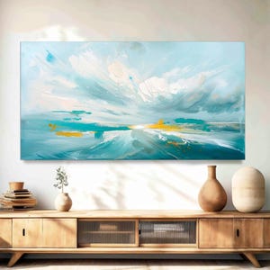 Abstract Canvas Wall Art - Large Modern Teal Blue & White Ocean Oil Painting, Living Room Decor, Ready to Hang, Nautical Print, Coastal Art.
