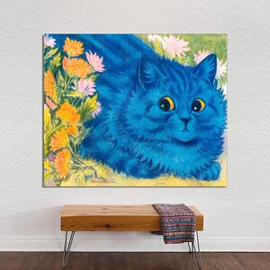 May include: A blue cat with yellow eyes sits in a field of flowers. The cat is looking to the right of the image. The flowers are a mix of pink, yellow, and orange.