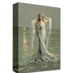 May include: A woman with long blonde hair wearing a white dress and a flower crown stands in the ocean. The water is a light blue-green colour and the sky is a light blue colour. The sun is setting in the distance.