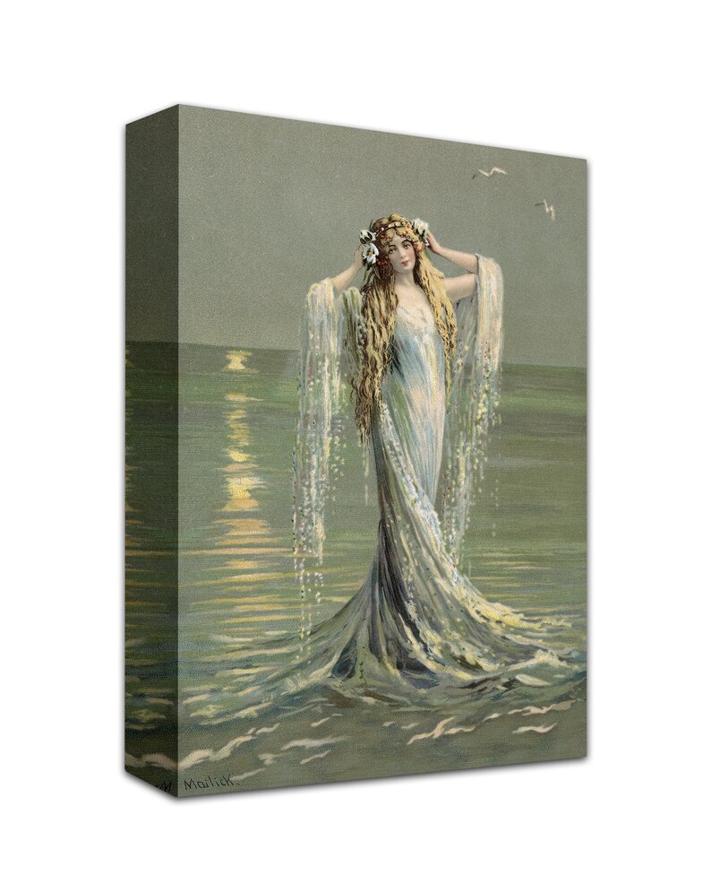 May include: A woman with long blonde hair wearing a white dress and a flower crown stands in the ocean. The water is a light blue-green colour and the sky is a light blue colour. The sun is setting in the distance.
