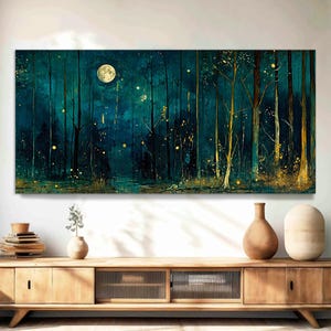 Moon & Stars Wall Art, Vintage Dark Forest Landscape Nature Decor, Night Sky View Canvas Art, Mystical Midnight Sign, Farmhouse Canvas Print