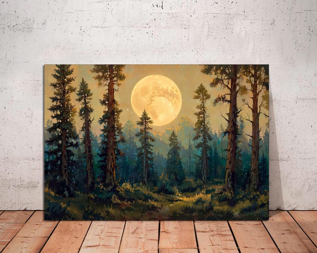 Full Moon Forest Canvas Print: Vintage Pine Tree Mountain Landscape - Etsy