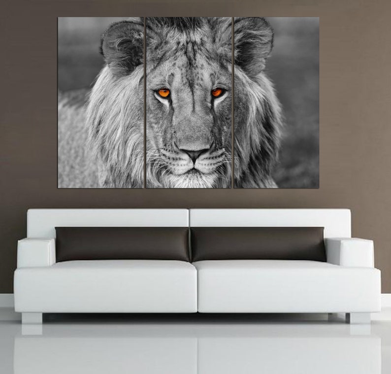 3 Panel Split Black White Lion Canvas Print Art. Eyes Colored. Etsy