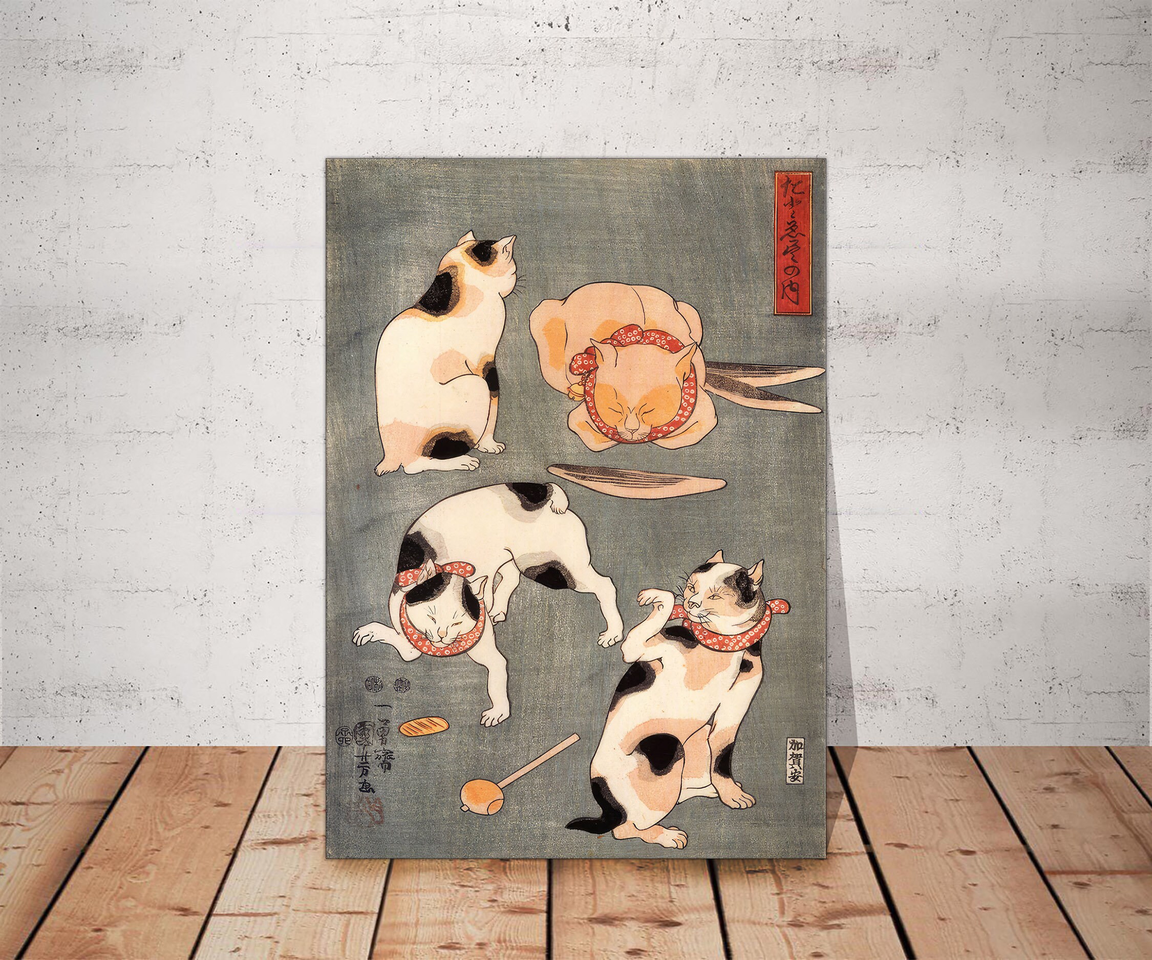 READY to HANG Canvas Japanese Art, Four Cats in Different Poses Kuniyoshi, Japanese Cats Art prints,CANVAS Posters,Wall Art Animal Paintings