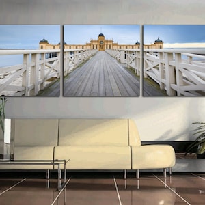 Beautiful Wooden pier at the beach. 3 panel split (triptych) Canvas Print.1.5&quot; deep frames for interior/office room decorwall art