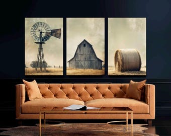 Farmhouse Canvas Print Set: Windmill, Barn, Hay Bale - Rustic Wall Art