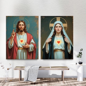 Jesus and Mary Sacred Heart Canvas Prints Set of 2, Catholic Christian Religious Wall Art Immaculate Heart Spiritual Home Gift Ready to Hang