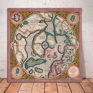 Antique Map Art, First North Pole Map Art, Septentrionalium Terrarum Gerardus Mercator, Globe Map Print Reproduction on CANVAS Ready to Hang