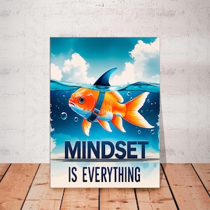 May include: A motivational poster featuring an orange goldfish with a shark fin, swimming in water under a blue sky. The text "MINDSET IS EVERYTHING" is displayed in bold, white letters.