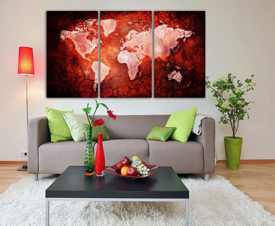 3 Panel Split Red Texture Art World Map Canvas Print, 1.5" Deep Frames ...