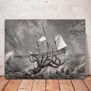 Impresión de arte de pulpo antiguo, arte de pared de baño de monstruo marino Kraken, arte de pared de pulpo, monstruo marino legendario, arte de marinero, LIENZO listo para colgar.