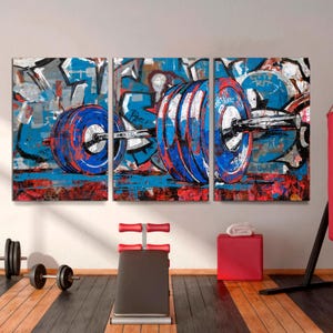 Gym Canvas Wall Art, Large 3-Panel Split, Barbell Graffiti Print Weightlifting Decor Motivational Fitness Poster Home Gym Art, Ready to Hang