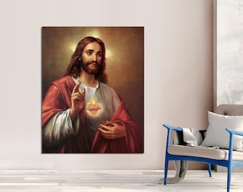 May include: A painting of Jesus Christ with a heart on his chest. He is wearing a red robe and has a crown of thorns on his head.