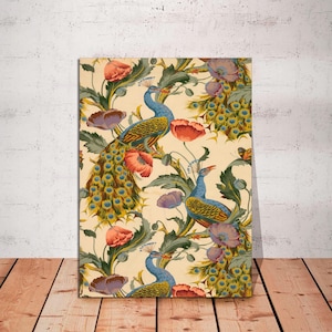 Lienzo de pavo real vintage, arte de pared de pavo real, impresión de amapolas, arte de pavo real, póster de pájaro, arte de pared de pájaro, ilustración de pavo real LIENZO listo para colgar.