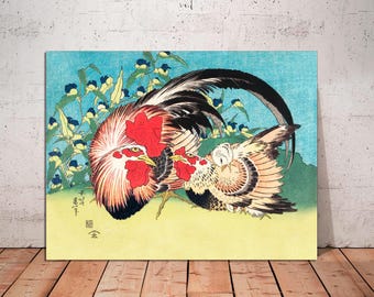 Hokusai Rooster and Hen Japanese Woodblock Art Canvas Print