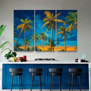 Lienzo decorativo de palmera grande, impresión de 3 paneles de palmeras bohemias californianas, decoración moderna de verano tropical para el hogar, listo para colgar.