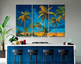 Boho Palm Tree Canvas Wall Art: 3-Panel Tropical Print, Ready to Hang
