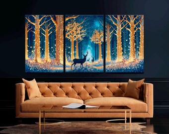 Enchanted Forest Canvas Art, Glowing Trees Deer, Magical Woodland Scene (Set of 3)
