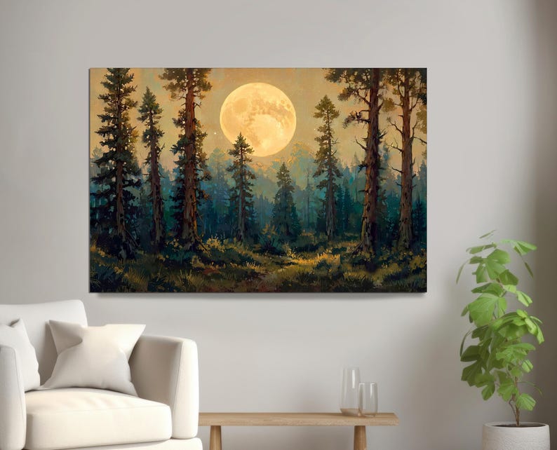 Full Moon Forest Canvas Print: Vintage Pine Tree Mountain Landscape - Etsy