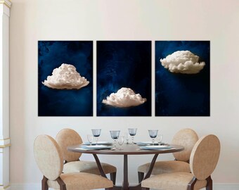 3-Panel Cloud Canvas Wall Art: Abstract Indigo Sky Print