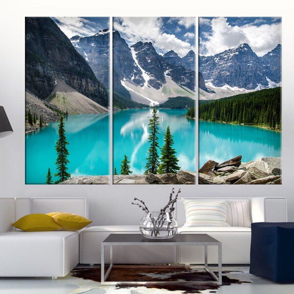 3 Panel split Canvas Print. BeautifuI snowy mountains and Iake . 1.5" deep frames- GaIIery wrap for home and office wall decor. Holiday gift