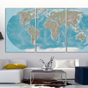 Split World Map Canvas Print: Textured Background, 3-Panel Wall Art